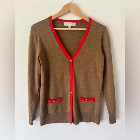 Coach Wool Tan With Red Trim Button-Up V-Neck Knit Cardigan Sweater Size Small - Picture 1 of 8